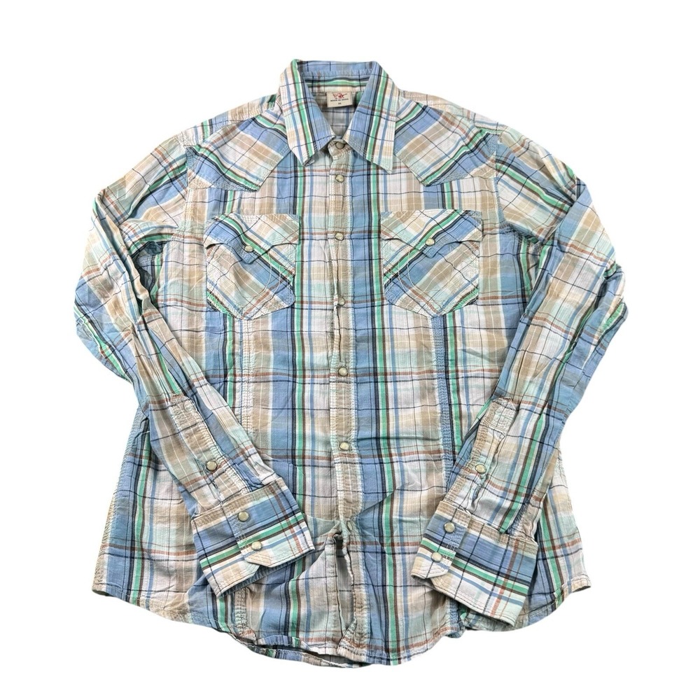 True Religion Mens XL Western Pearl Snap Shirt Blue Green Plaid Cotton MY5BG48MN